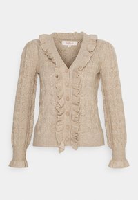 Beiger Cardigan mit Rüschensaum, V-Ausschnitt, strukturiertem Strickmuster und fünf Knopfverschlüssen. Lange Ärmel mit ausgestellt Manschetten.