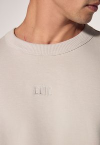 Sudadera gris clara con cuello de canalé, que presenta un sutil bordado "EDIT." en el pecho. Textura suave, diseño sencillo.
