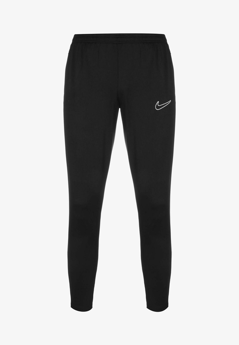 Zwarte sportbroek gemaakt van zachte, rekbare stof. Heeft een elastische tailleband en een wit Nike-logo op de linkerdij.