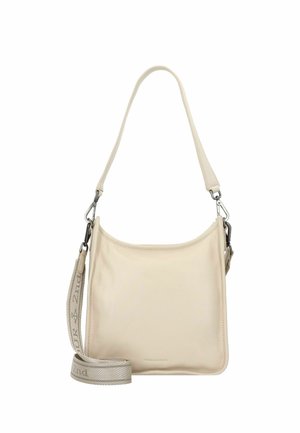 Borsa a spalla in pelle color crema con tracolla in tessuto regolabile e removibile, caratterizzata da un testo sottile e chiusure metalliche.