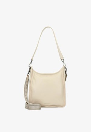 Borsa a spalla in pelle color crema con tracolla in tessuto regolabile e removibile, caratterizzata da un testo sottile e chiusure metalliche.