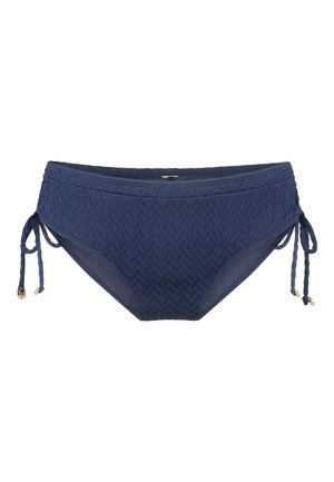 Marineblaue Bikiniunterteile mit strukturiertem Zickzackmuster, seitlichen Bindebändern und goldfarbenen Hardware-Elementen. Dehnbare Stoffqualität für Komfort.