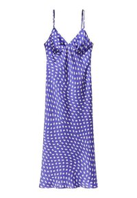 Rochie din mătase violetă cu bretele subțiri, având un model de buline ovale albe pe întreaga suprafață. Textură netedă și siluetă dreaptă.