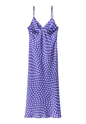 Lilanes Seidenkleid mit dünnen Trägern, das ein durchgehendes weißes ovales Punkte-Muster aufweist. Glatte Textur und gerade Silhouette.