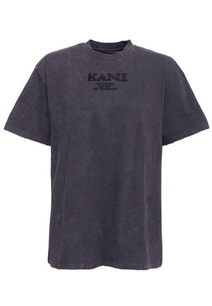 Dunkelgraues T-Shirt mit kurzen Ärmeln und geripptem Rundhalsausschnitt. Auf der Brust ist das gestickte "KANI"-Logo in Schwarz zu sehen. Aus Baumwollmaterial.