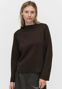 Pull en maille brun à manches longues avec un col haut, fabriqué dans un matériau doux et lisse ; présente des épaules tombantes et un ourlet côtelé.