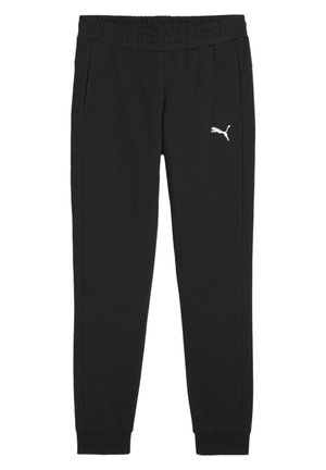 Zwarte joggingsbroek van zachte stof met een elastische tailleband, zijzakken en een wit Puma-logo aan de linkerkant.