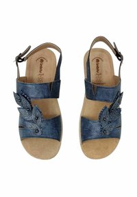 Sandali anatomici blu con una fascia testurizzata, decorazioni a forma di foglia e accenti luccicanti. Fibbia regolabile alla caviglia e soletta imbottita.