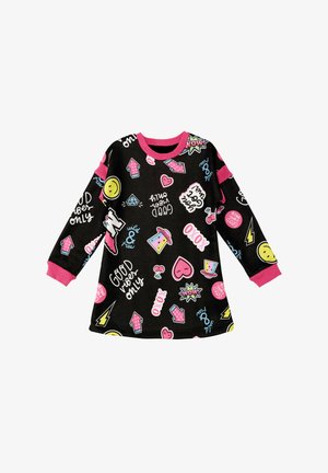 Sort sweatshirtkjole med lange ærmer, pink manchetter og farverige grafiske tryk inklusive pile, hjerter og smilende ansigt. Bomuldsstof.