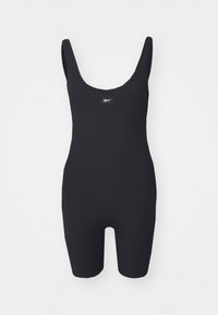 Bodysuit negro de canalé con escote en forma de barco y diseño sin mangas, que presenta un pequeño logo en la parte frontal y un corte ajustado de longitud corta.