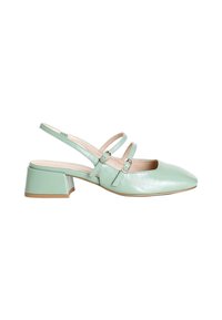 Minttivihreä slingback-kengät, joissa on kaksi solkistrappia ja matala lohkoheels, esillä valkoisella taustalla.