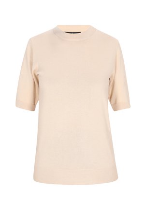 Beżowy sweter z krótkim rękawem, z prążkowanym okrągłym dekoltem i mankietami, wykonany z miękkiego, lekkiego materiału. Bez wzorów ani akcentów.