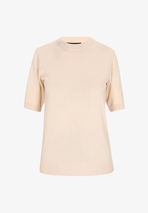 Suéter beige de manga corta con cuello redondo acanalado y mangas con puños, hecho de una tela suave y ligera. Sin patrones ni acentos.