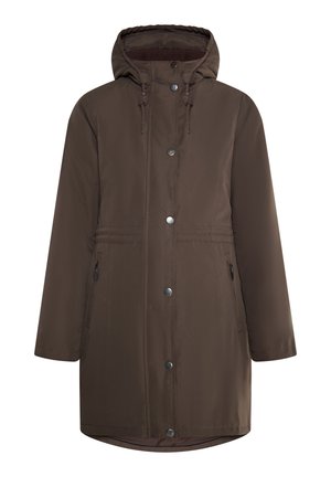 Brauner wasserfester Parka mit Kapuze, Druckknöpfen und Zugband in der Taille. Verfügt über Seitentaschen und eine glatte Textur. Mittellanges Design.