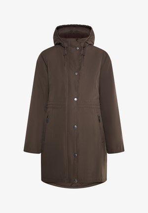 Brun vandtæt parka med hætte, trykknapper og snøre i taljen. Har sidelommer og en glat tekstur. Mellemlang design.
