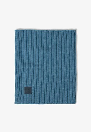 Blue ribbed knit neckwarmer with a textured finish and a small black logo patch at the bottom corner. Soft and stretchy material.