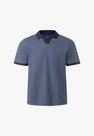 Short-sleeve blue polo shirt with thin horizontal stripes, dark blue collar, and sleeve cuffs, front view on white background.