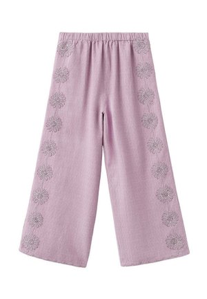 Pantalon large couleur lavande avec ceinture élastique, broderie florale de chaque côté et ourlets festonnés.