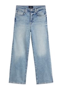 Jeans larghi di colore blu chiaro realizzati in denim. Presentano un classico design a cinque tasche con chiusura a bottone e una leggera scoloritura. Nessun motivo visibile.