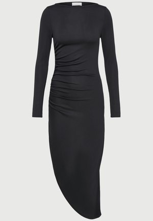 Rochie neagră cu mâneci lungi, cu un design ajustat, evidențiind clini laterali și un tiv asimetric. Fabricată dintr-un material ribat elastic.