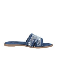 Denim slidessandal med fransad rem och rhinestone-accenter, marinblå färg, texturerad innersula och platt brun gummisula.