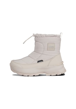 White waterproof boot with a padded upper, elastic cuff, and textured sole. Features a logo patch and a drawstring closure for adjustable fit.