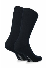 Granatowe skarpetki bawełniane z prążkowanymi mankietami, gładką fakturą, wzmocnioną piętą i palcami oraz białym logo na kostce.