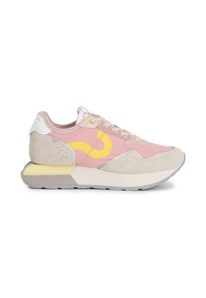 Sneaker mit einem Obermaterial aus Pink und Beige, aus Wildleder und Mesh, mit gelben Akzenten, Gummisohle und einem gepolsterten Kragen für zusätzlichen Komfort.