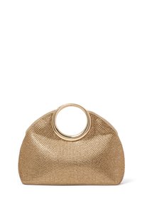 Guldfarvet taske med mønster, udstyret med et rundt håndtag på toppen og et struktureret, blødt design. Materialet har en tekstureret metallisk finish.