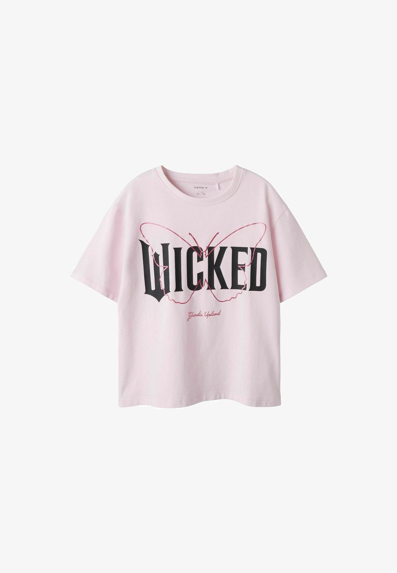 Różowa bawełniana koszulka z krótkim rękawem z czarnym graficznym napisem "WICKED" oraz wzorem motyla, o luźnym kroju.