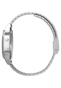 Silver stainless steel watch with a smooth round case, two push buttons, and a flexible link bracelet. Polished finish and minimalist design.