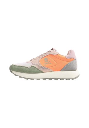 Sneakers in pink, orange, green, and gray with a textured upper, featuring a skull logo and a lightweight, cushioned sole.