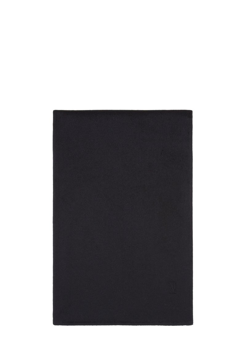 Dossier en tissu noir avec une texture lisse, de forme rectangulaire et une marque discrète dans le coin inférieur. Aucun matériel ou accent visible.