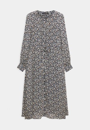 Vestido midi de manga larga con botones, estampado floral pequeño en azul y blanco sobre fondo negro, escote redondo y mangas con puños.