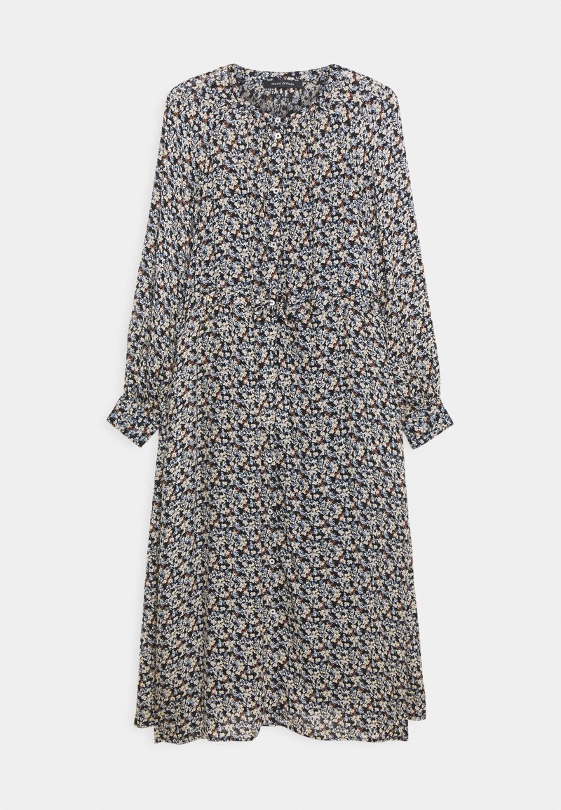Robe midi à manches longues, boutonnée, avec un petit imprimé floral bleu et blanc sur fond noir, encolure ronde et manches avec poignets.