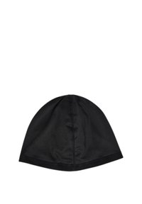 Berretto nero realizzato in tessuto liscio ed elastico; presenta una parte superiore arrotondata e un orlo risvoltato con una finitura pulita e senza cuciture.