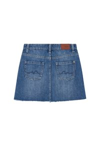 Denim mini skirt with a hemmed edge, two back pockets, and a brown leather patch at the waistband. Features a light blue wash.
