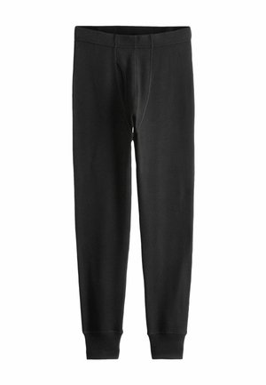 Schwarze Baumwoll-Jogginghosen mit einem elastischen Bund, gerippten Bündchen und einer Vordertasche. Glatte Textur mit schlankem Schnitt.