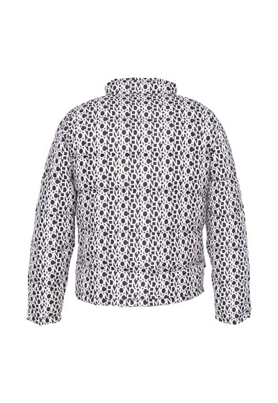 Giubbotto imbottito con collo alto, presenta un motivo a logo ripetuto in bianco e nero, design isolato e polsini elasticizzati.