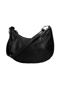 Svart lädercrossbody-väska med en rundad form, dragkedjestängning och en justerbar axelrem. Har minimal varumärkeslogotyp på framsidan.