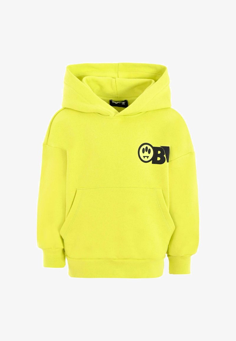 Kaptur z miękkiego żółtego materiału, z kieszenią z przodu oraz grafiką przedstawiającą buźkę z uśmiechem i czarnymi akcentami.