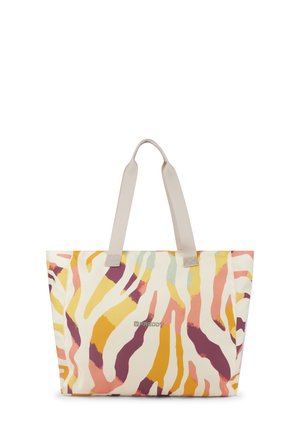 Borsa a tracolla con un motivo astratto colorato di strisce gialle, rosa e viola; realizzata in tessuto resistente con manici grigio chiaro e dettaglio del logo.