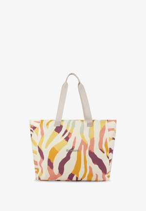 Borsa a tracolla con un motivo astratto colorato di strisce gialle, rosa e viola; realizzata in tessuto resistente con manici grigio chiaro e dettaglio del logo.