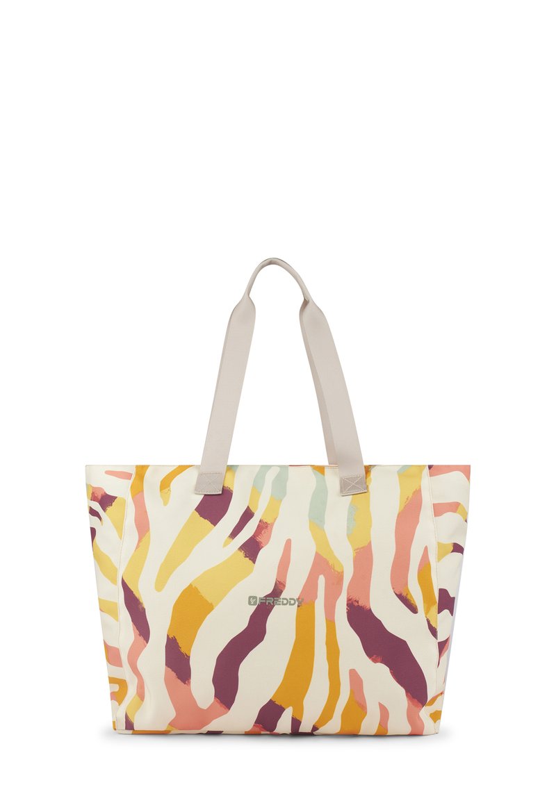 Borsa a tracolla con un motivo astratto colorato di strisce gialle, rosa e viola; realizzata in tessuto resistente con manici grigio chiaro e dettaglio del logo.