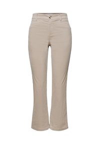Pantalon en velours côtelé beige avec poches avant, passants pour ceinture et fermeture à bouton, présentant un léger évasement aux chevilles.