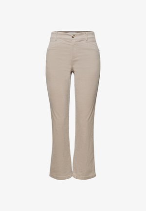 Beige Cordhosen mit Vorderseiten-Taschen, Gürtelschlaufen und Knopfverschluss, die an den Knöcheln leicht ausgestellt sind.