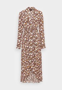 Vestido largo y envolvente con un patrón floral en tonos de marrón, blanco, rosa y naranja, con mangas largas y un cinturón atado en la cintura.