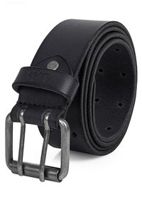 Cinturón de cuero negro con un diseño elegante, que presenta una hebilla metálica plateada y cinco agujeros de ajuste para mayor flexibilidad en el tamaño.