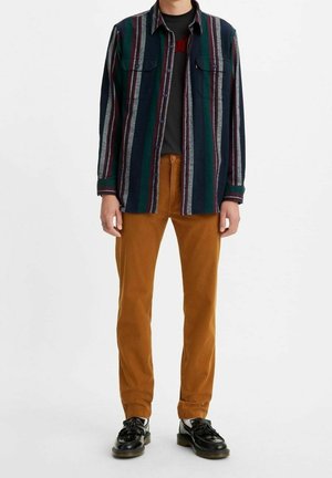 Personne portant une chemise boutonnée à rayures foncées, un t-shirt graphique noir, un pantalon couleur moutarde et des chaussures en cuir noires, debout sur fond blanc.
