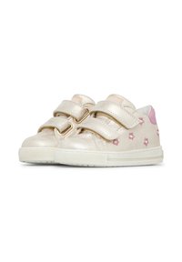 Sneaker per bambini in oro metallico e rosa con un motivo floreale, doppie cinghie in Velcro, punta rotonda e suola in gomma testurizzata.